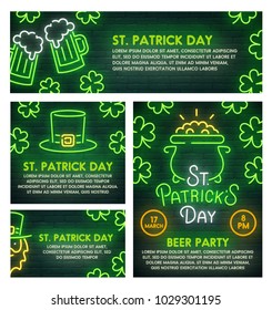 St. Patrick's Day poster, flyer and banner template. Style sign neon. St. Patrick's Day logo, emblem and label. Bright signboard, light banner.  Vector illustration.