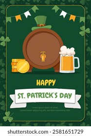 St Patricks day poster. Glass with beer and wooden barrel with green hat and golden coins. Traditional irish holiday and festival. Celtic culture and traditions. Flat vector illustration