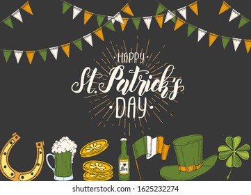 St Patrick's day Poster with Hand drawn  St. Patrick's hat, horseshoe, beer, barrel, irish flag, four-leaf clover and gold coins on black. Lettering. Engraving illustrations