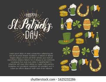 St Patrick's day Poster with Hand drawn icons. St. Patrick's hat, horseshoe, beer, barrel, irish flag, four-leaf clover and gold coins on black. Menu, banner, advertising.Lettering.Engraving 