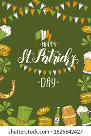St Patrick's day Poster with Hand drawn  St. Patrick's hat, horseshoe, beer, barrel, irish flag, four-leaf clover and gold coins on green background. Lettering. Engraving illustrations