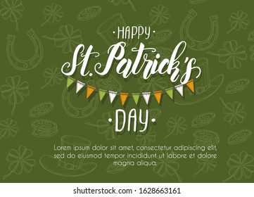 St Patrick's day Poster with Hand drawn doodle St. Patrick's hat, horseshoe, four-leaf clover and gold coins. St Patrick's day 2020. Lettering. Place for your text. 