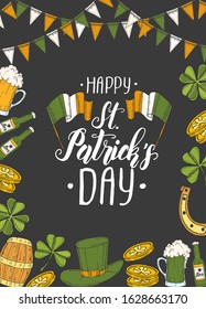 St Patrick's day Poster with Hand drawn St. Patrick's hat, horseshoe, beer, barrel, irish flag, four-leaf clover and gold coins on black background. Lettering. Engraving illustrations