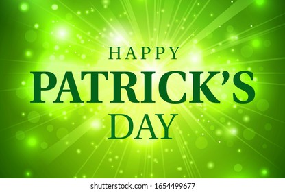 St. Patrick's Day poster. Large inscription Happy Patrick's Day on a fabulous glowing green firework flash background. Irish traditional national holiday. Ireland spring festival. Vector illustration