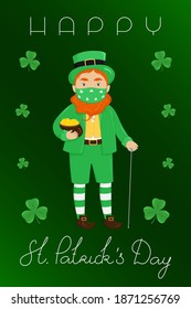 St. Patrick's Day poster. Leprechaun in mask hold pot of gold. Vector illustration.