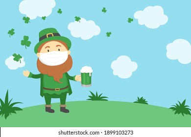 St. Patrick's Day poster. Leprechaun in mask drinking green beer. Vector illustration.