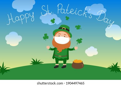 St. Patrick's Day poster. Leprechaun in protective mask. Vector illustration.