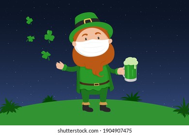 St. Patrick's Day poster. Leprechaun in face mask drinking beer. Vector illustration.