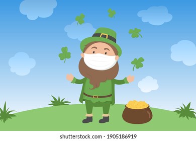 St. Patrick's Day poster. Leprechaun in mask and pot of gold. Vector illustration.