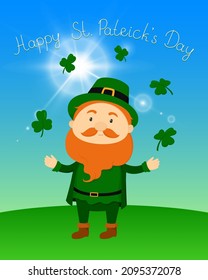 St. Patrick's Day poster. Leprechaun and shamrock. Vector illustration.