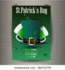 St. Patrick's Day poster.HAT leprechaun , GREEN Two glasses of Irish beer and shamrock clover. POSTER FOR HOLIDAY OR PARTY .Vector illustration. EPS 10.