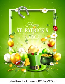 St. Patrick's Day poster with Leprechaun`s hat, pot of gold, cloverleafs and balloons in the colors of Ireland.