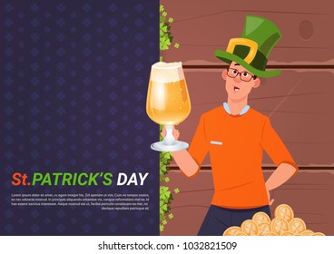 St. Patricks Day Poster With Man In Green Hat Holding Glass Of Beer Flat Vector Illustration
