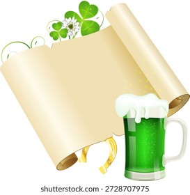 Dia de São Patrício Cartaz do Dia de São Patrício com Manuscrito, Vidro de Cerveja, Ferradura e Trevo, vetor
