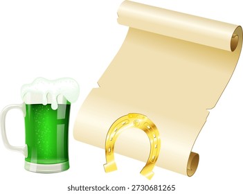 Dia de São Patrício Cartaz do Dia de São Patrício com Manuscrito, Vidro de Cerveja, Ferradura e Trevo, vetor