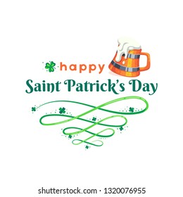 St. Patrick's Day poster. Mug of beer and clover design elements with wishing on white. Vector illustration.