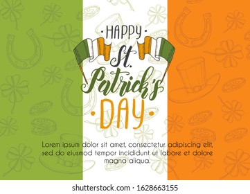 St Patrick's day Poster on irish flag. Hand drawn doodle St. Patrick's hat, horseshoe,  irish flag, four-leaf clover and gold coins. St Patrick's day 2020. Lettering. 