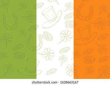 St Patrick's day Poster on irish flag. Hand drawn doodle St. Patrick's hat, horseshoe, four-leaf clover and gold coins. St Patrick's day 2020.  