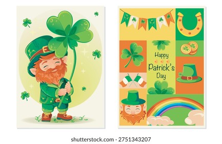 St. Patrick's Day poster set with cute leprechaun holding shamrock and festive Irish elements, rainbow, horseshoe, flags and hat vector illustration