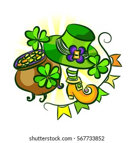 St. Patrick's Day poster - vector composition for Saint Patricks Day Irish spring holiday with Hat, Shoe, Striped Socks, Coins and Clover Leaf for great luck and happy