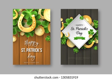 St. Patricks Day posters. 3d realistic clover leaves, golden horseshoes and coins on wooden texture for greeting holiday design. Vector illustration.