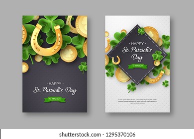 St. Patricks Day posters. Clover leaves, golden horseshoes and coins on spotted background for greeting holiday design. Vector illustration.