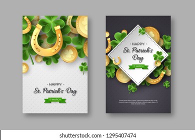 St. Patricks Day posters. Clover leaves, golden horseshoes and coins on spotted background for greeting holiday design. Vector illustration.