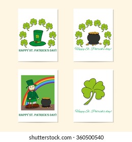 St. Patrick's Day posters - Leprechaun, Leprechaun's hat, pot of gold and clover. Set of four illustration.