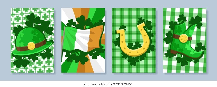 Cartazes do Dia de São Patrício. Conjunto de cartazes e banners. Bandeira irlandesa, chapéu, ferradura da sorte e bota
