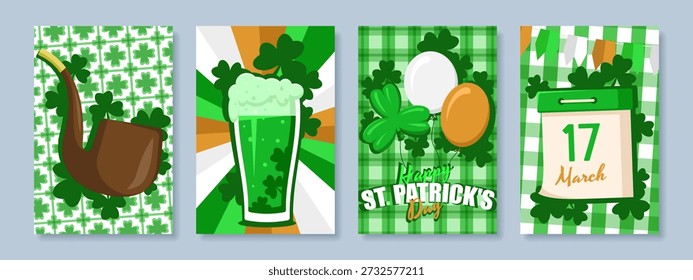 Cartazes do Dia de São Patrício. Um conjunto de cartazes e banners. Tubo de fumar, vidro de cerveja, balões, calendário.