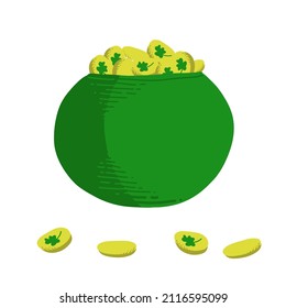 St Patrick's Day Pot With Coins Vector Illustration. Green Pot Of Irish Holiday. Leprechaun Money With Shamrocks In A Cartoon Style. Coin With A Green Clover.