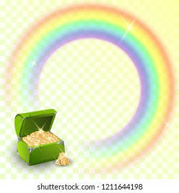 St Patricks day pot of gold with Irish rainbow. Realistic vector illustration of Leprechaun treasure and rain bow for St Patrick with place for text