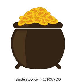 St. Patrick's Day pot with gold isolated on white background. Vector illustration of Irish holiday symbol cauldron of gold coins