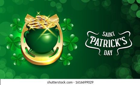 St. Patrick's Day pot of gold and golden horse shoe vector design. Irish religious holiday greeting card with clover leaves
