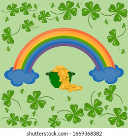 St. Patrick's Day. A pot of gold, a rainbow, and clover leaves