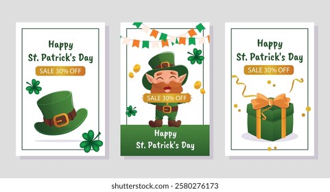 St. Patrick's Day promo sale. A hat, shamrock, leprechaun, pot of gold, gifts. Vector illustration for a poster, banner, or special offer.