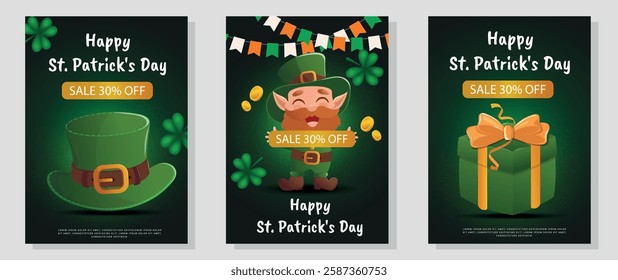 St. Patrick's Day promo sale. A hat, shamrock, leprechaun, gifts. Vector illustration for a poster, banner, or special offer.