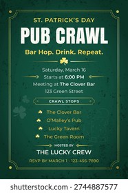 St. Patrick's Day Pub Crawl Invitation Template with bar list, beer mug silhouette, and green clover decorations