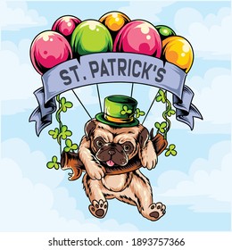 St. Patrick's Day pug dog flying with balloon vector