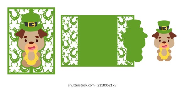 St. Patrick's Day pug dog laser cutting invitation card template. Paper cut out silhouette for plotter and silk screen printing. Vector stock illustration.