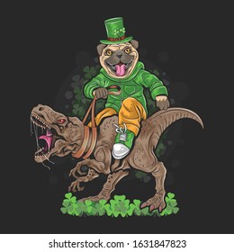 ST. PATRICK'S DAY PUG PUPPY CUTE DOG ON DINOSAUR T REX ARTWORK VECTOR