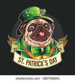 St. Patrick's day the pug wears a green bow and hat. editable layers vector artwork