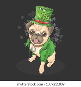 Día de San Patricio, el pug lleva un sombrero y traje adorables. Esta ilustración utiliza un estilo de acuarela con un vector de capas modificables