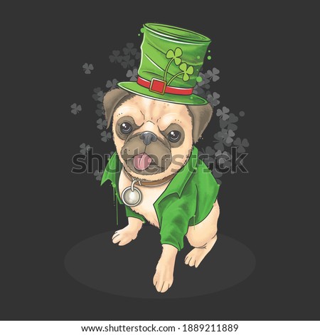 St. Patrick's day the pug wears a cute hat and suit. This artwork uses a watercolor style with editable layers vector
