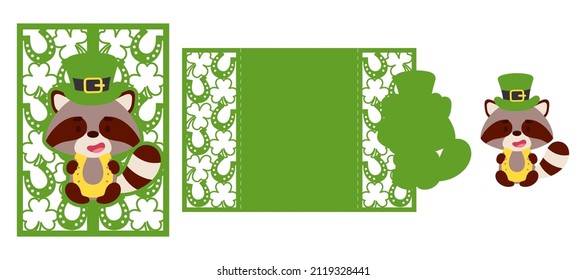 St. Patrick's Day raccoon laser cutting invitation card template. Paper cut out silhouette for plotter and silk screen printing. Vector stock illustration.