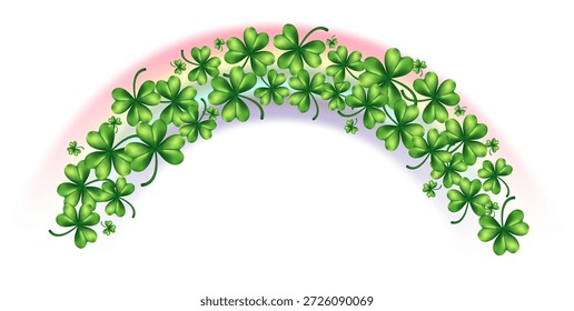 Arco del arco iris del día de San Patricio con hojas de trébol de trébol de trébol verde. Ilustración vectorial del símbolo irlandés de la suerte aislado en el fondo blanco para el diseño festivo de la tarjeta de felicitación de la fiesta de primavera.
