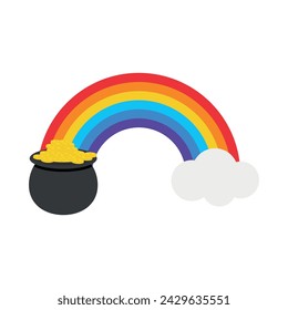 St. Patrick's Day Rainbow with cloud and gold coins pot white isolated background