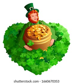 St. Patrick's Day red gnome leprechaun holds pot of gold coins among clover heart shape. Vector cartoon illustration greeting card template