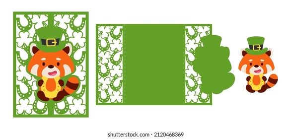 St. Patrick's Day red panda laser cutting invitation card template. Paper cut out silhouette for plotter and silk screen printing. Vector stock illustration.