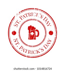 St. Patrick's Day, red, stamp, vector illustration flat, scrub, texture, mug of beer, ale, foam, clover four-leaf
